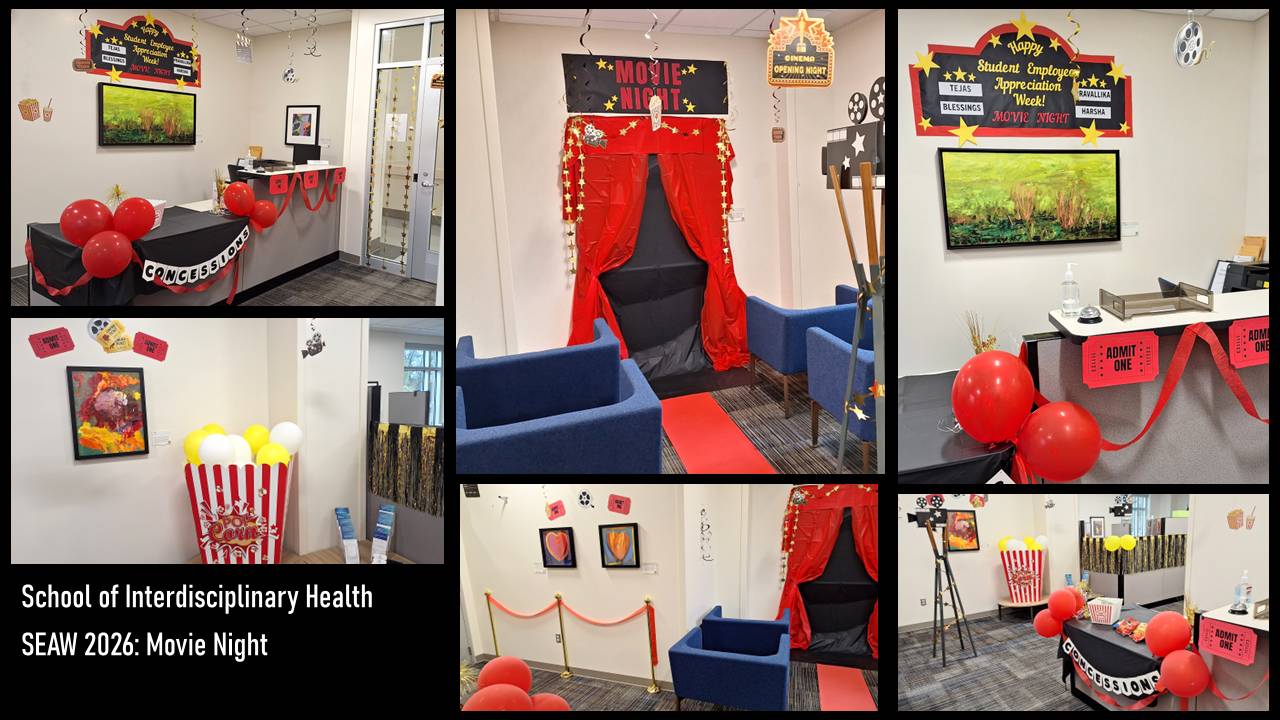 Desk turns into concession stand with red ribbons and balloons. Movie night wall with red curtains. Admit one ticket decorations, popcorn bucket with white and yellow balloons as popcorn, film projector decoration and large sign that says "Happy Student Employee Appreciation Week"